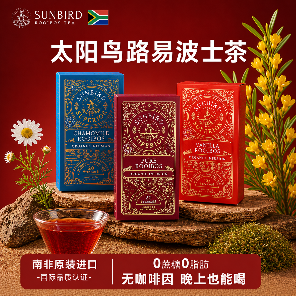 南非进口太阳鸟路易波士茶香草洋甘菊无咖啡因无因茶冷泡热饮