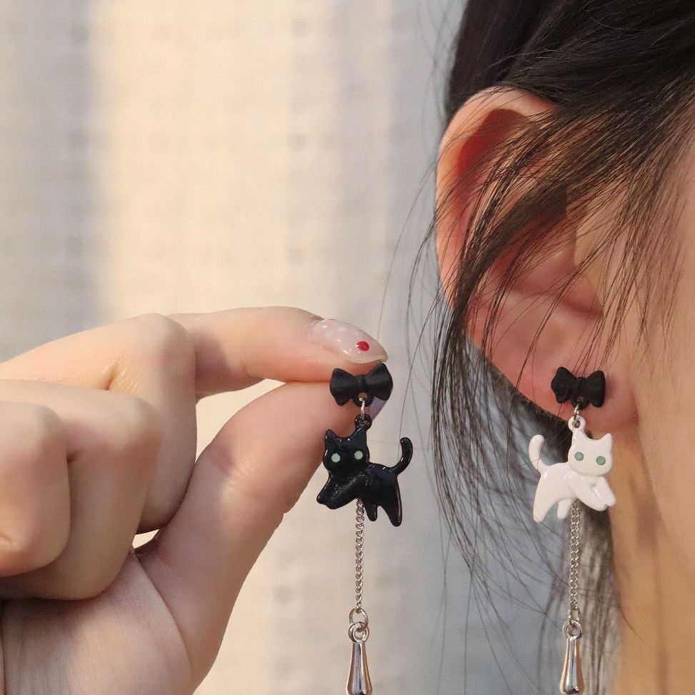 黑白猫咪 不对称耳环可爱甜美日系蝴蝶结珍珠耳饰耳夹女春夏新款