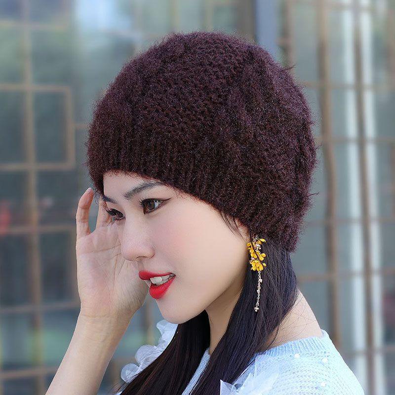 手工钩花毛线帽女秋冬加绒保暖护耳帽子防寒妈妈帽纯色编织包头帽