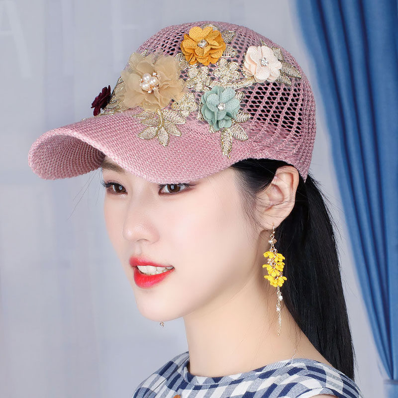 重工立体花朵棒球帽女士透气薄款遮阳帽子精致淑女鸭舌帽清凉夏季