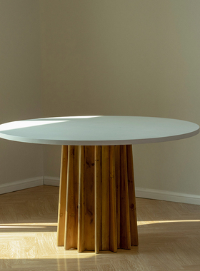 圆形实木餐桌轻奢现代简约家用 白色微水泥桌面 圆桌