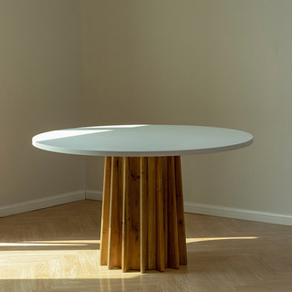 圆形实木餐桌轻奢现代简约家用 白色微水泥桌面 圆桌