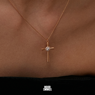 MS情绪波动 925银镀玫瑰金十字架项链女条水钻吊坠轻奢气质锁骨链
