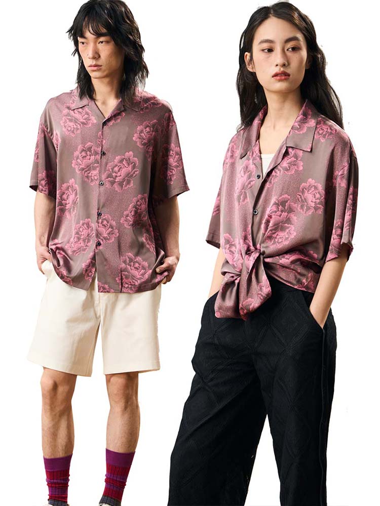 EPIC POETRY24S主题印花无性别短袖古巴领衬衫夏威夷印花衬衫男女