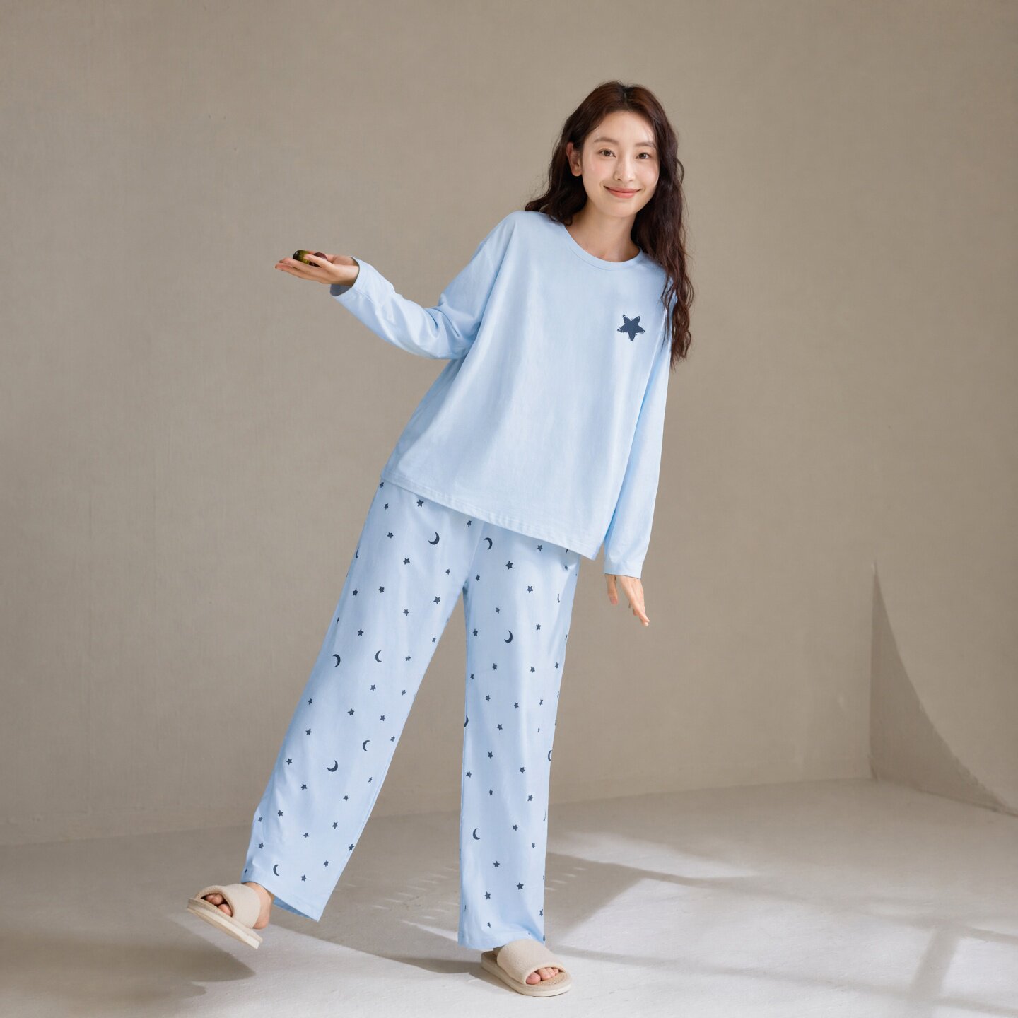 康妮雅秋季睡衣女纯棉长袖长裤蓝色松弛感家居服全棉亲肤居家套装