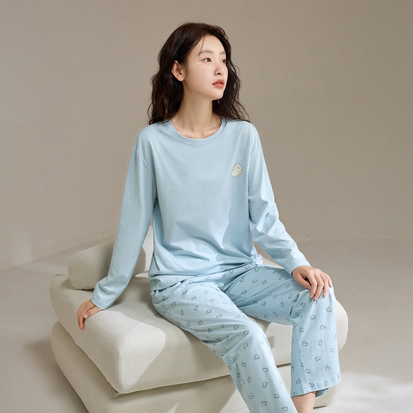 康妮雅纯棉睡衣女秋季长袖长裤圆领薄款居家宽松休闲家居服套装