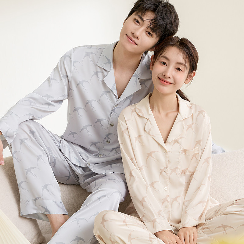 康妮雅情侣睡衣春秋季冰丝长袖套装男女高级感可外穿新中式家居服