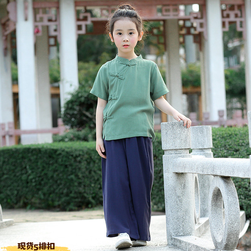 天丝麻女童夏天改良汉服中国风小孩薄款儿童唐装女夏装复古风童装