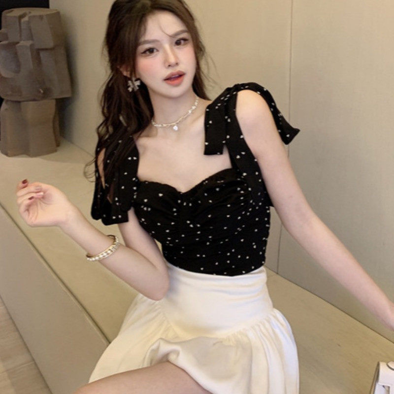 BOW BLACK POLKA DOT SMALL SUSPENDER WOMENS SUMMER WEAR DESIGN SENSE NICHE FRENCH CROP TOP TOP