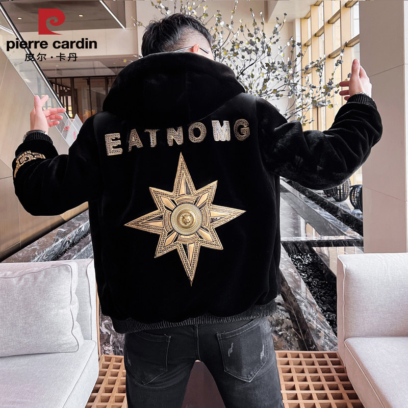 皮尔卡丹高档欧货金貂绒仿皮草外套男士冬季连帽皮毛一体冬装上衣