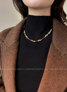 新款虎眼石项链拼接串珠毛衣链