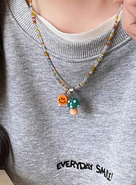 多巴胺彩色串珠笑脸蘑菇吊坠项链