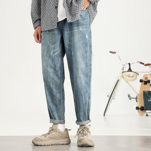 春秋季纯色小脚复古破洞牛仔裤