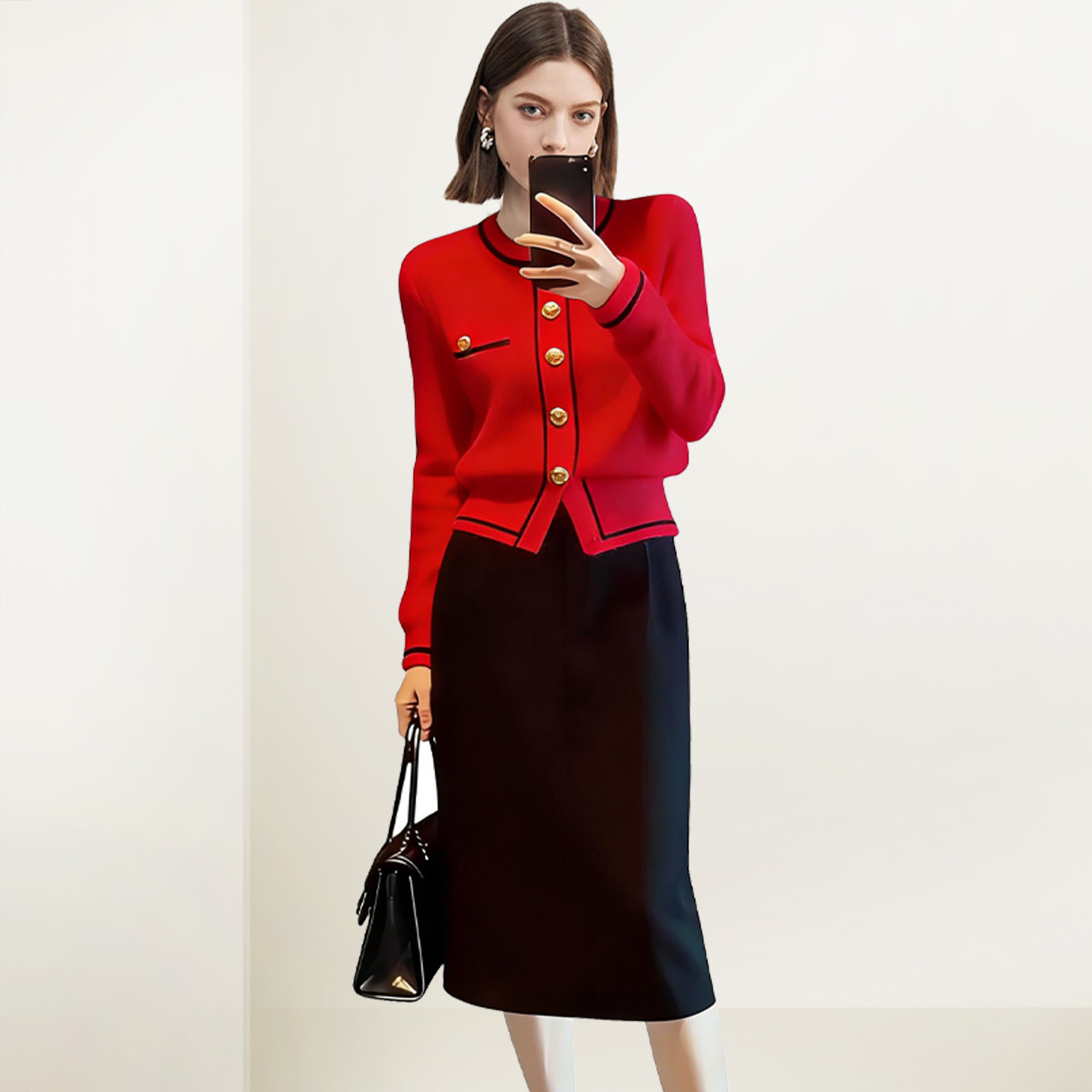 QOOEL红黑小香风针织套装女2026春季新款优雅复古通勤休闲两件套,女装/女士精品,时尚套装,淘宝优惠券,粉丝福利购,淘宝优惠卷