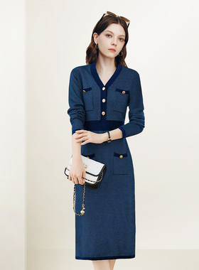 QOOEL蓝色V领复古修身连衣裙2025秋冬新款小香风别致中长款收腰裙