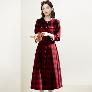 QOOEL法式优雅时尚复古格子裙2025秋冬新款中长款修身洋气连衣裙