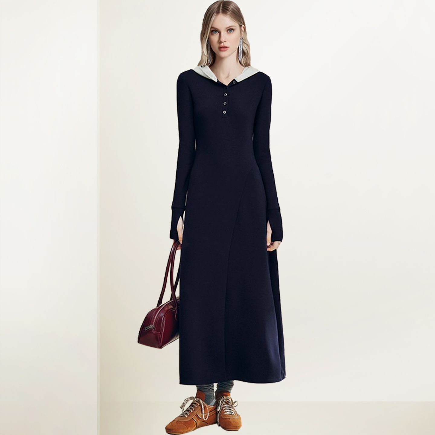 复古高级设计感连帽连衣裙