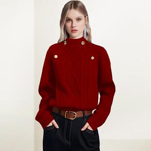 红色半高领绞花毛衣女2026年春季新款复古慵懒短款套头内搭针织衫