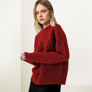 红色钩花圆领打底衫女2025年冬装新款短款宽松显瘦针织套头毛衣潮