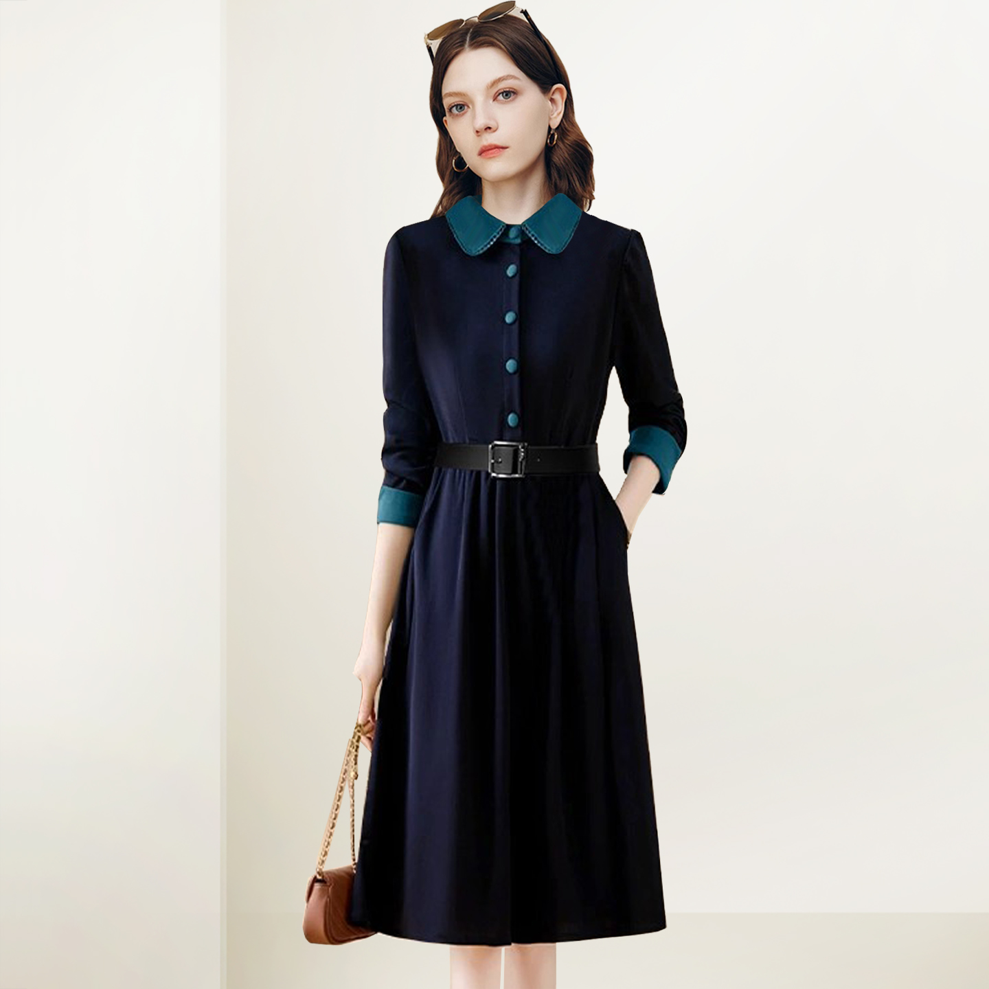 修身气质时尚通勤藏蓝色中长裙