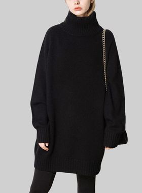 QOOEL中长款黑色高领毛衣2025冬季新款宽松外穿套头慵懒风针织衫