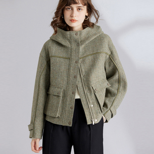 复古短款毛呢外套女2026年冬装新款宽松设计感显瘦连帽呢子大衣潮