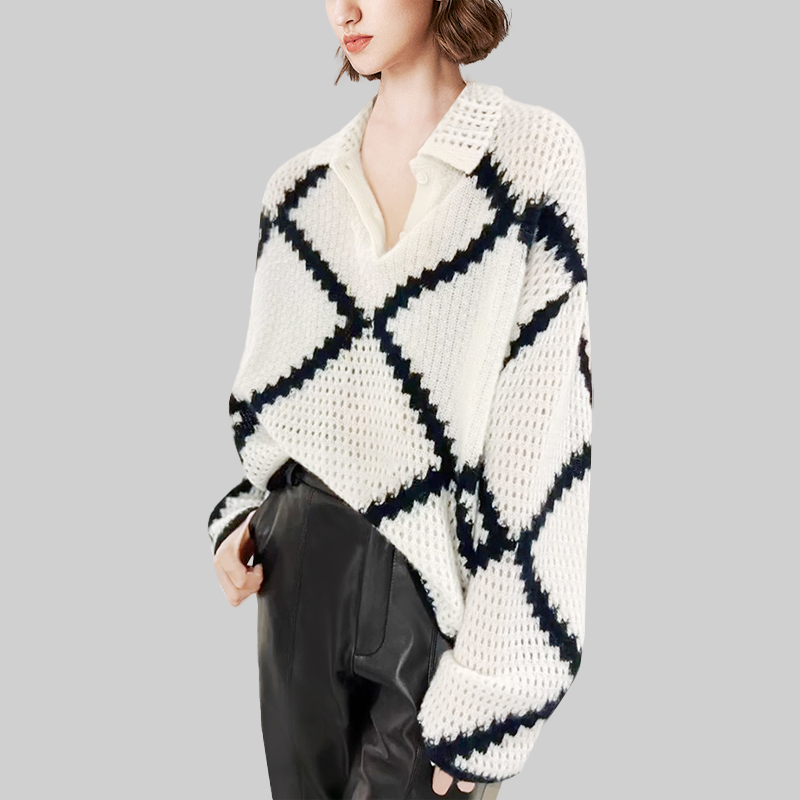 设计感撞色镂空宽松针织衫