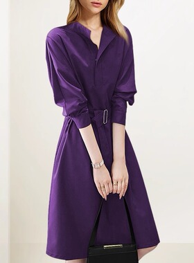 紫色收腰衬衫连衣裙女2026年春季新款气质高级感赫本风显瘦A字裙