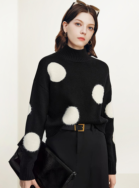 QOOEL时尚减龄洋气大波点半高领毛衣2025冬季新款百搭休闲针织衫