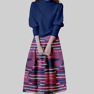 上衣印花半身裙两件套 泡泡袖 温柔风气质蓝粉色套装 女2025秋冬新款