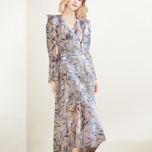法式 设计感V领高腰显瘦减龄长裙 浪漫印花连衣裙女2025年秋冬新款