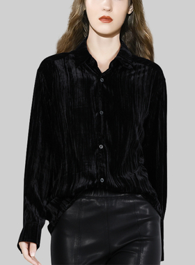 黑色复古金丝绒衬衫女2026年冬装新款高级感气质显瘦遮肚显瘦小衫