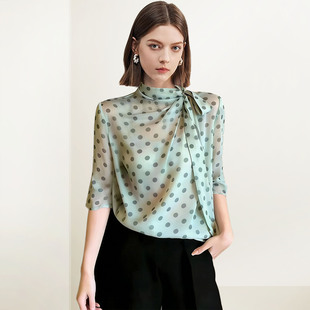 QOOEL轻熟风绿色波点蝴蝶结衬衫 飘带气质高级感上衣 2026春夏新款