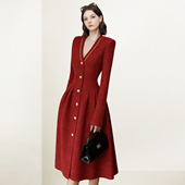 QOOEL复古小香风V领修身 新年红色高级长裙 法式 连衣裙2026春季 新款