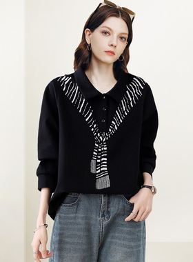 QOOEL时尚减龄洋气卫衣女2025秋冬新款翻领套头黑色百搭气质上衣