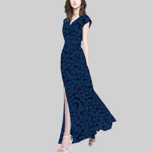 过膝时尚 收腰开叉连衣裙长款 大摆裙子 显瘦印花长裙女夏季 V领修身