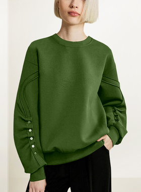 圆领绿色卫衣女2026年春季新款慵懒风宽松显瘦直筒设计感褶皱上衣