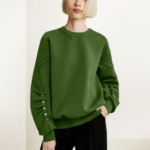 圆领绿色卫衣女2025年秋冬新款 慵懒风宽松显瘦直筒设计感褶皱上衣