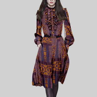 2026春季新款气质优雅长袖连衣裙中长款立领木耳边波点印花A字裙