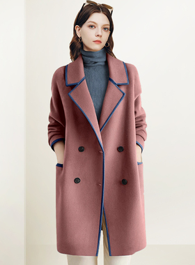 QOOEL名媛风撞色双排扣毛呢大衣2025冬季新款轻奢高级中长款外套