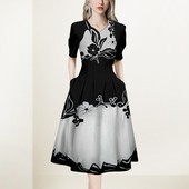 黑色减龄花色连衣裙女2026年夏装 新款 重工别致显瘦气质a字裙子潮