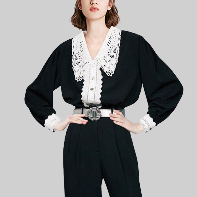 蕾丝拼接法式娃娃领衬衫女2022年春复古气质设计感泡泡袖气质衬衣