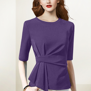 别致设计感高级减龄上衣潮 新款 气质显瘦圆领紫色衬衫 女2026年春装