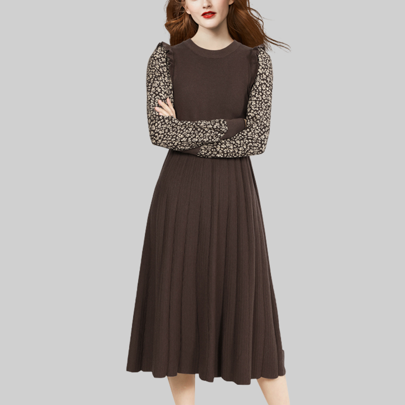 假两件收腰裙子长袖连衣裙