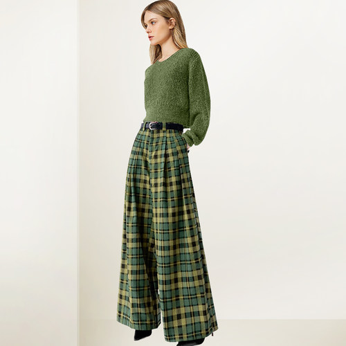 紫色毛衣格子休闲阔腿裤两件套