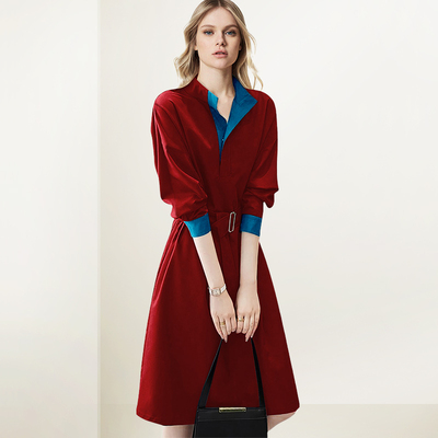 红色中长款收腰显瘦衬衫连衣裙