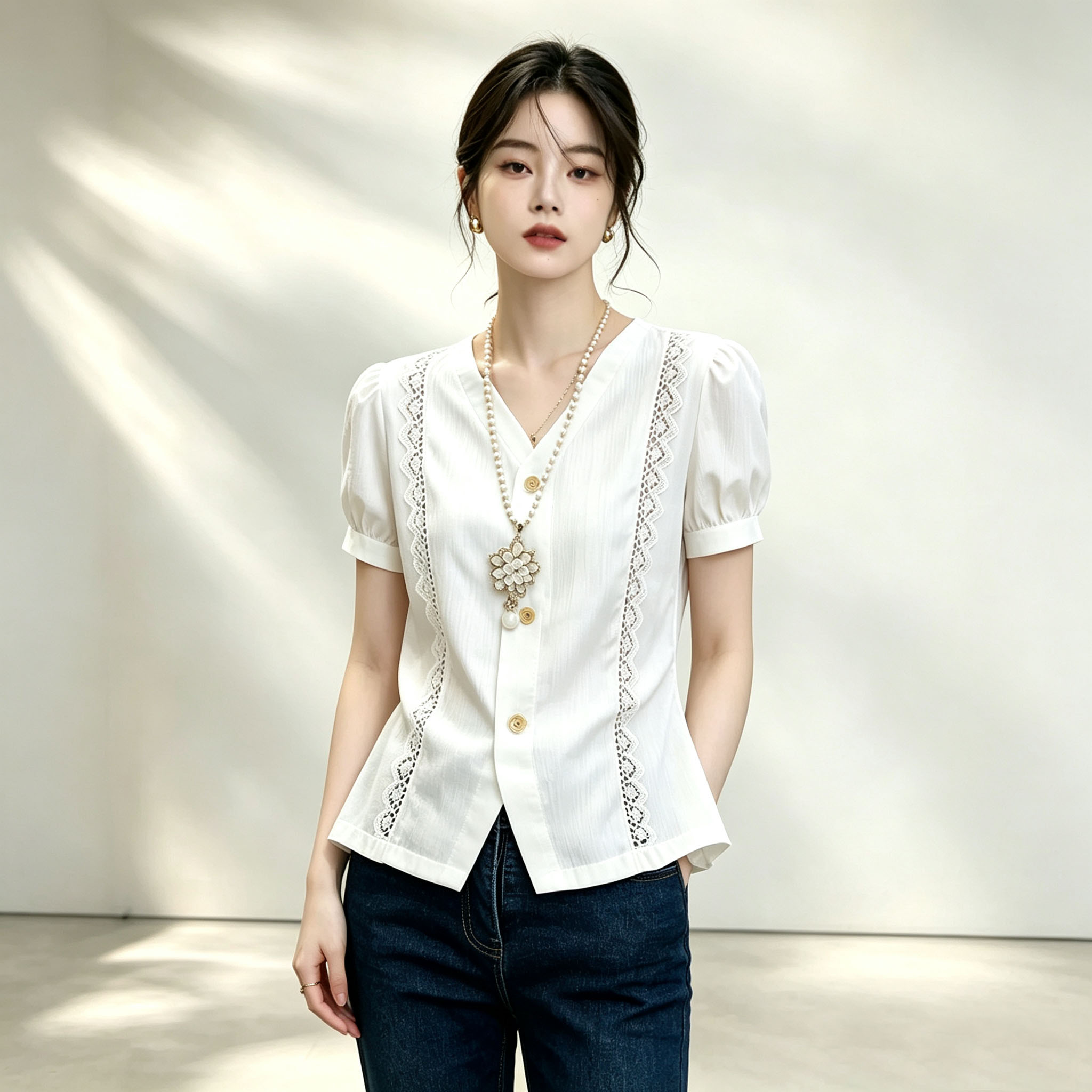 淑女风V领泡泡袖蕾丝衬衫