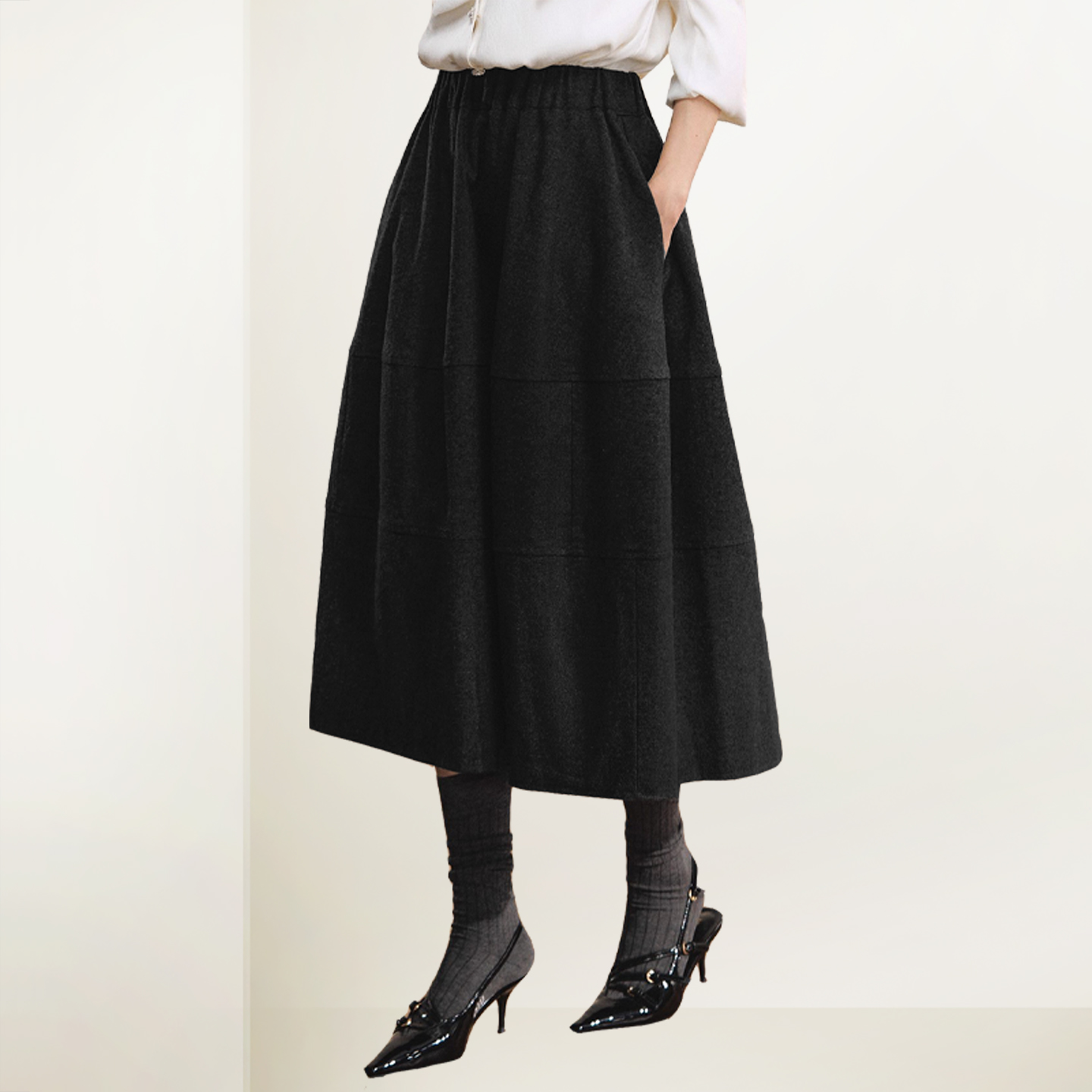 黑色中高腰气质修身中长裙