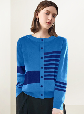 QOOEL法式条纹撞色复古针织衫女2025年秋冬新款圆领减龄毛衣上衣