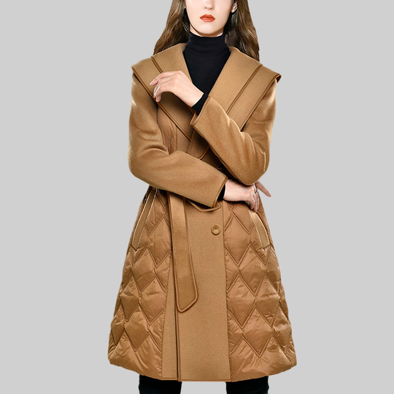 2026春季新款中长款修身别致保暖洋气外套时尚毛呢拼接气质羽绒服